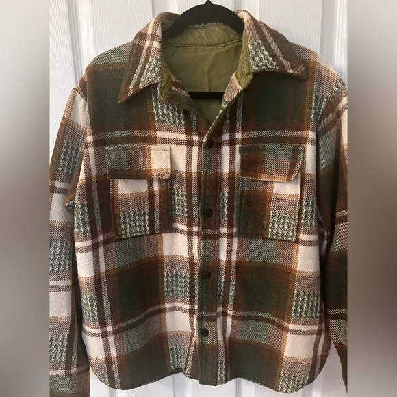 Green Brown White Plaid Heavy Flannel Button Up Fall Winter Shirt Blouse Top - Picture 3 of 12